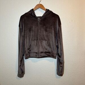 Skims Womens 2XL Velour Sweatshirt Crop Mocha Brown Full Zip Hoodie Fleece Y2k